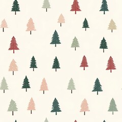 Seamless Pattern of Minimalist Christmas Trees in Red, Green, and Beige on Cream Background