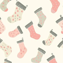 Seamless Pattern of Christmas Stockings in Pastel Pink, Green, and Beige with Festive Designs on Cream Background