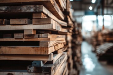 Obraz premium Close-Up of Stacked Wooden Planks in a Lumber Warehouse for Industrial and Construction Use