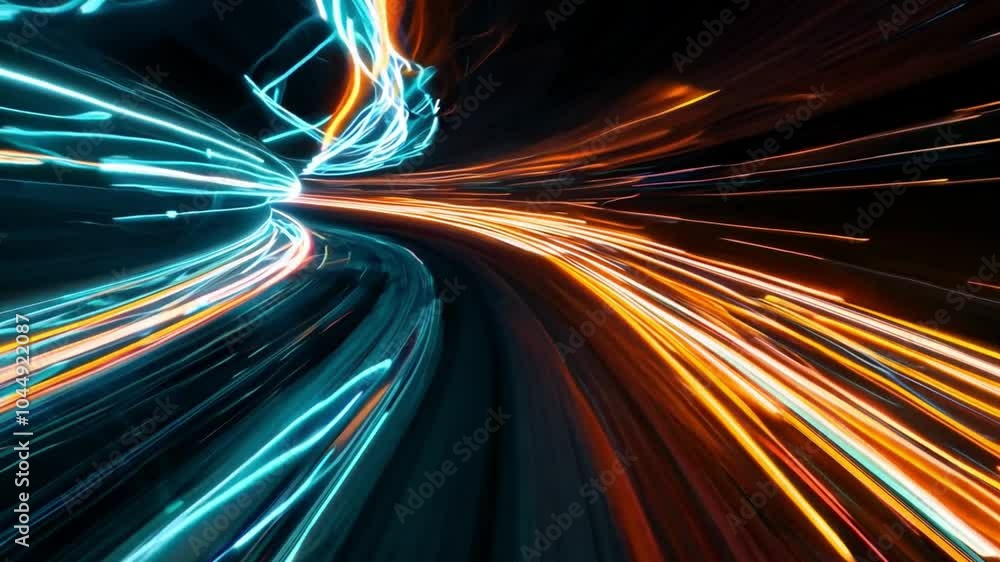 Poster dynamic light trails swirl through a darkened space, creating colorful streaks of blue and orange ne