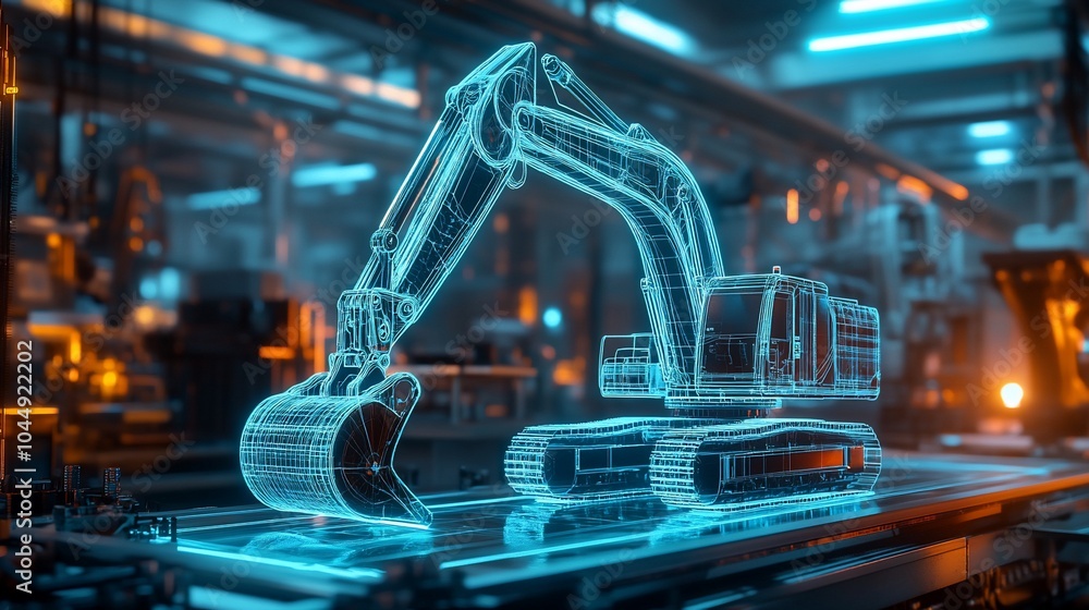 Poster a wireframe model of an excavator in a futuristic factory setting.