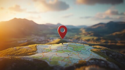 3D Location Pin Icon Above Map on Sunny Mountain Peak, Exploring and Travel Adventure Concept