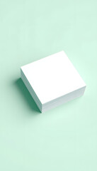 White square shape business card mockup stacking on green mint pastel color table background. Branding presentation template print. 2.5 x 2.5 inch paper size cover. 3D illustration rendering isolate