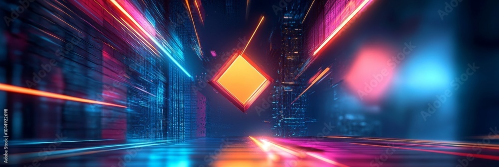 Poster abstract sci-fi background, orange empty frame with light trails in a dark metaverse, 3d render