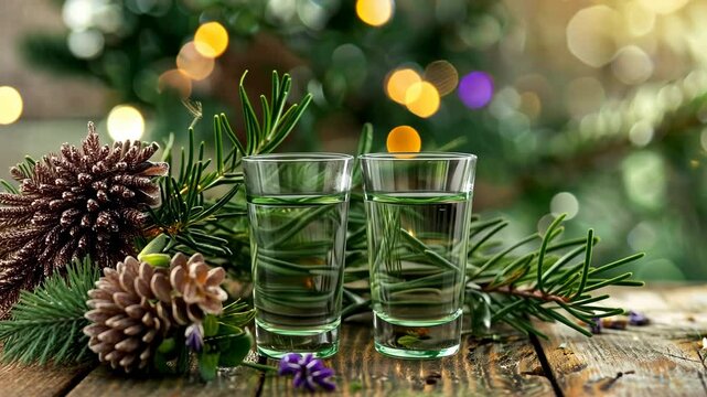 Two shot glasses of vodka or gin on a wooden table in the forest with fir branches and pine cones.