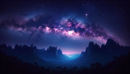 Breathtaking nightscape with the Milky Way galaxy arching over a valley surrounded by dramatic mountains. A serene blend of cosmic beauty and nature, showcasing the wonder of the universe under a star