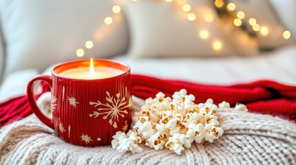Cozy winter evening with candle popcorn