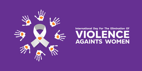 International Day for the Elimination of Violence Against Women. Heart, hand  and ribbon. Great for cards, banners, posters, social media and more. Purple background. 
