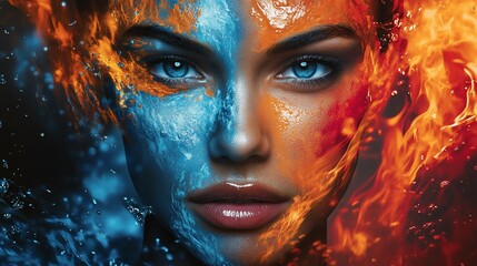 A woman's face is split in half, one side covered in blue water and the other in red flames.