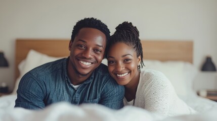 Obraz premium Excited couple smiling while sitting on a bed, minimal background, focus on their happy expressions.