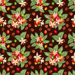 Seamless pattern of Arabica and Robusta coffee berries with grains, leaves and flowers. Watercolor and marker illustrations. Hand drawn wallpaper on brown background. International Coffee Day