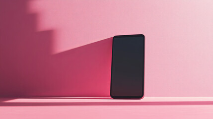 modern smartphone stands against pastel pink background, casting soft shadow. clean design and minimalistic style create serene and contemporary atmosphere