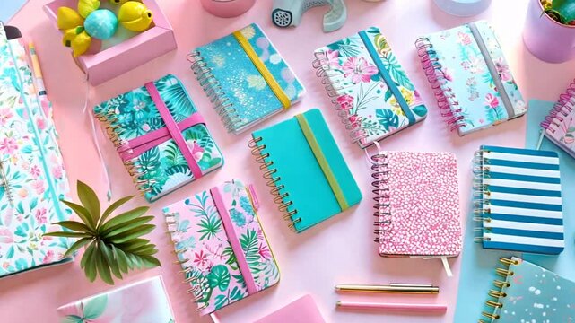 A vibrant assortment of spiral-bound notebooks is displayed on a pastel pink table. They feature floral and geometric designs alongside decorative plants and cute accessories