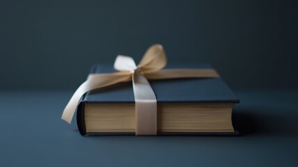 Hardcover book wrapped with a ribbon, presented as a gift. Minimal background, focusing on the elegance of the book and the simplicity of the wrapping.