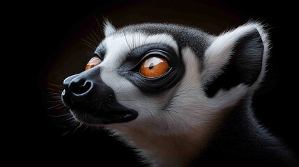 Fototapeta premium Close-up portrait of a lemur with large, expressive eyes, looking to the side against a dark background.