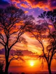 Fototapeta premium peaceful landscape silhouetted trees against vibrant orange and violet sunset sky