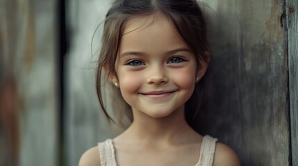 Fototapeta premium Portrait of a young girl, smiling softly. Minimal background, focusing on her resilience and strength