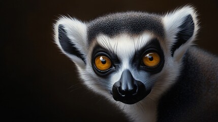 Fototapeta premium Close-up portrait of a curious ring-tailed lemur with bright orange eyes.