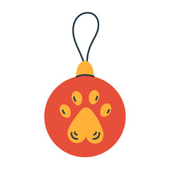 Christmas Bauble with paw print. Xmas decoration. Hanging Red ball with cat or dog footprint. Pet Holiday symbol. Vector illustration in flat style