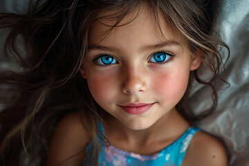A little girl with blue eyes laying on a bed