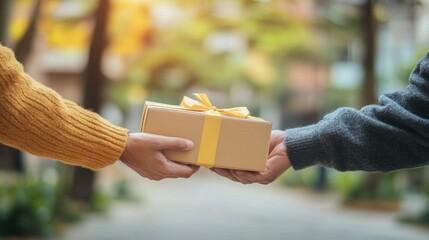 Delivery man handing a package to a customer, close-up of hands exchanging the box. Minimal background, emphasizing the delivery interaction.