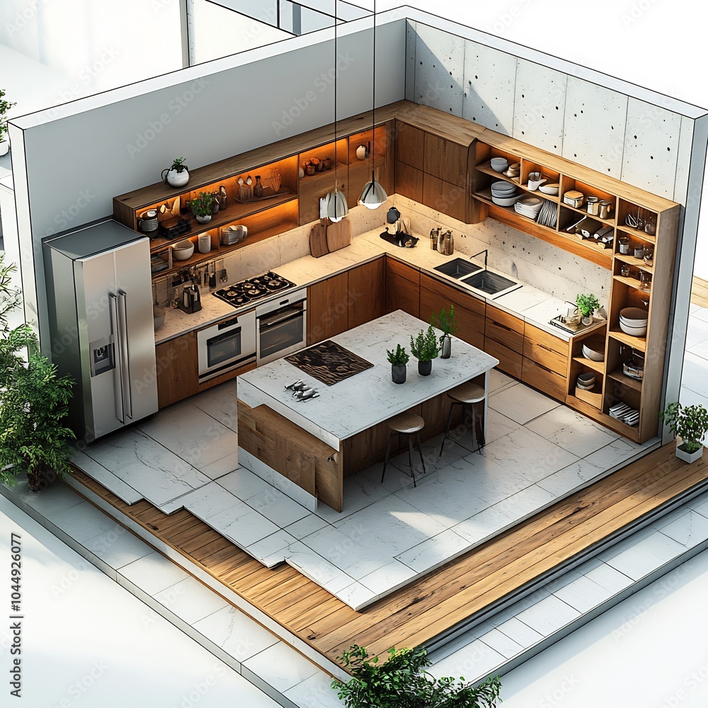 Poster topdown 3d render of spacious kitchen with a central island open shelving system and a large fridge 