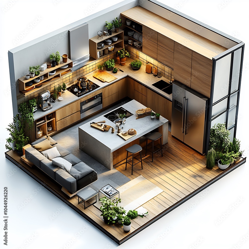 Poster topdown 3d render of spacious kitchen with a central island open shelving system and a large fridge 