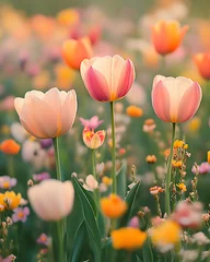  A vibrant photograph of an English garden in full bloom, showcasing delicate tulips and variety of colorful flowers. scene evokes sense of tranquility and joy © Chanyapat