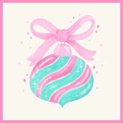 Preppy Coquette Christmas ornament ball with Ribbon Bow Pastel watercolor hand painting