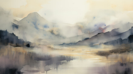Fototapeta premium Minimalist watercolor landscape painting. Calm lake and and misty mountains with gentle slopes.