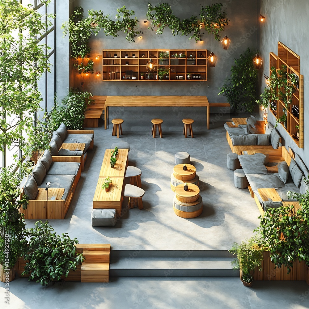 Poster topdown 3d render of student center with welldesigned cafes and lounges focusing on communal spaces 