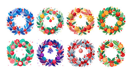 Colorful Christmas wreaths with Christmas decorations, isolated. Christmas tree decoration. Holiday fir tree garland.