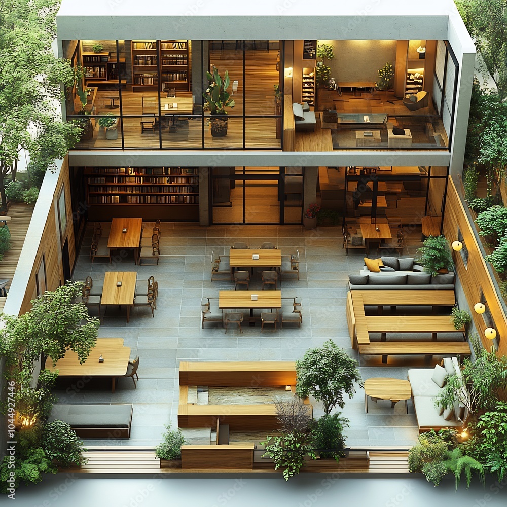 Poster topdown 3d render of student center with welldesigned cafes and lounges focusing on communal spaces 