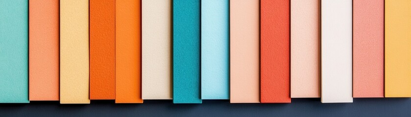 Fototapeta premium Colorful array of books stacked vertically against a dark background, showcasing vibrant spines and a modern aesthetic.