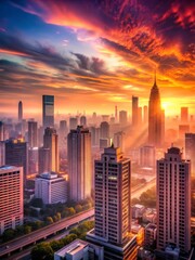 Obraz premium urban sunset on the cityscape, relax evening over the building office downtown, simple atmosphere of peacefulness and majestic