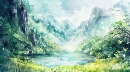 Fototapeta premium Ethereal Landscapes: A 4K Watercolor Wonderland