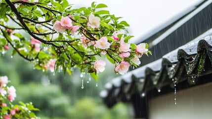 A branch with pink flowers drips with rainwater in a serene outdoor setting, complementing traditional architecture.