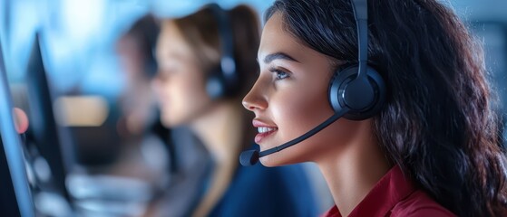 A focused woman in a headset smiles while working at a computer, showcasing professionalism in a call center environment.
