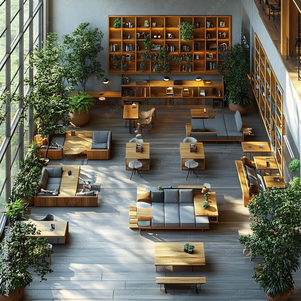 Poster topdown 3d render of student center with welldesigned cafes and lounges focusing on communal spaces 
