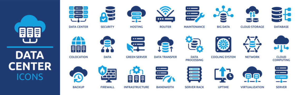 Data center icon set. Containing server, hosting, infrastructure, backup, cloud storage, server rack, virtualization, data processing and bandwidth. Solid vector icons collection.
