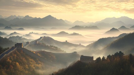 A serene, misty landscape featuring the Great Wall of China, surrounded by rolling mountains under a soft, golden sunrise.