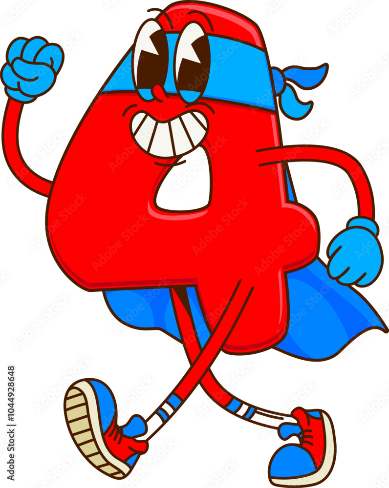 Poster cartoon groovy math number four superhero character. isolated vector playful and charming 4 figure i