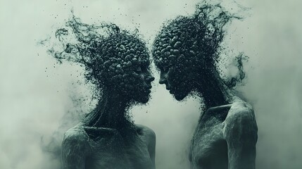 Abstract figures with particle-brains disintegrating in the air, capturing the dissolution of consciousness, the ephemeral nature of thoughts and memory