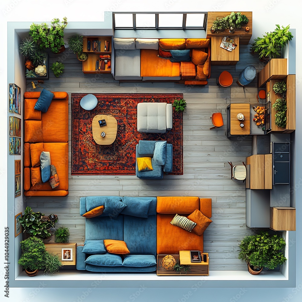 Aufkleber topdown 3d render of eclectic family room with a blend of colorful furniture items and a clear floor