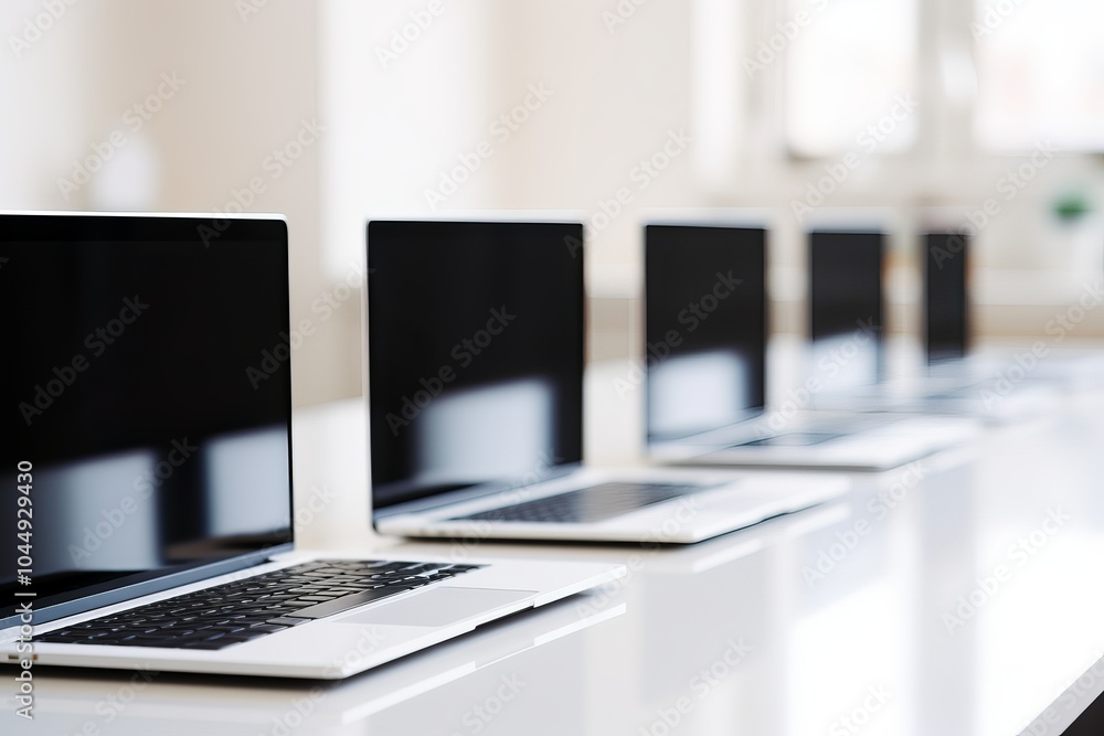 Aufkleber a row of sleek laptops arranged neatly on a bright, modern workspace table
