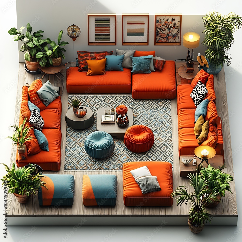 Poster topdown 3d render of eclectic family room with a blend of colorful furniture items and a clear floor