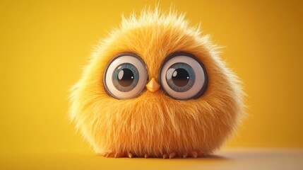 A fluffy, cartoon creature with big eyes stares directly at the camera, looking bored or tired.  It's a funny, 3D-designed mascot.