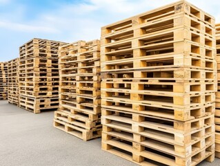 Stacked wooden pallets in a storage area under a clear blue sky, showcasing organization and readiness for transport or storage solutions.