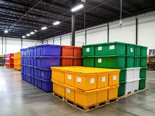 A modern warehouse interior showcasing brightly colored storage bins stacked for efficient organization and easy access.