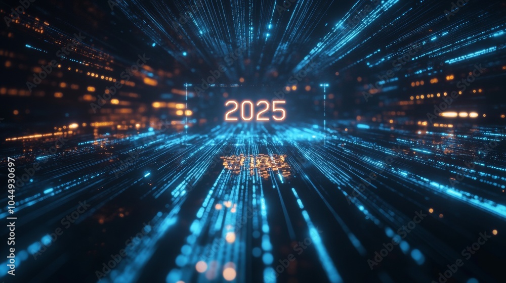 Poster futuristic hologram of a word floating above ground in glowing blue lines generative ai